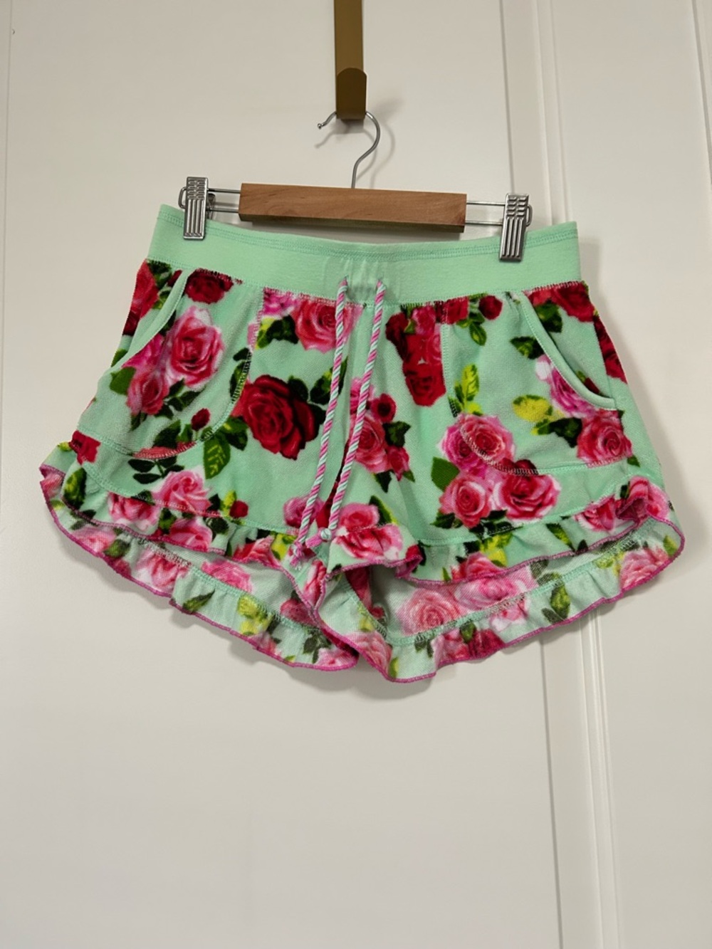 💗🌸🎀Betsey Johnson Mint & Neon Pink Rose Beach Lounge Soft Terry Cloth Shorts🎀🌸💗